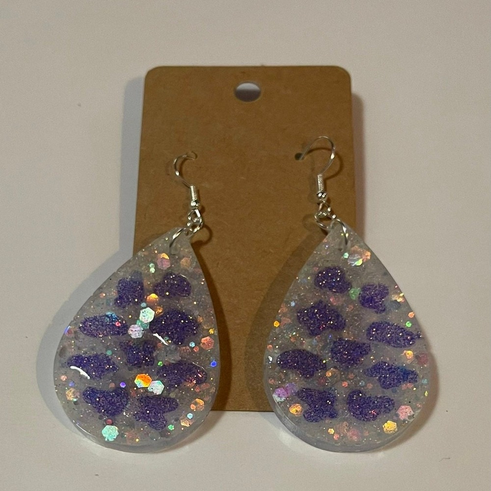 Teardrop Resin Earrings Purple Glitter Sparkle Handmade Women Jewelry